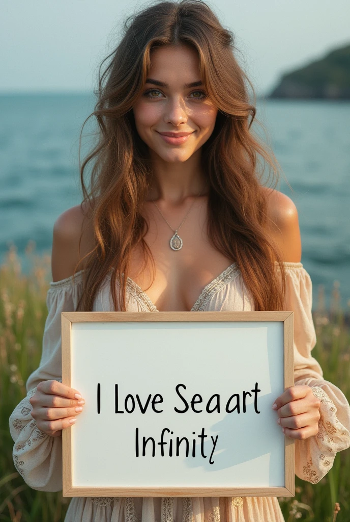 Beautiful girl with wavy long hair, bohemian dress, holding a white board with text "I Love Seaart Infinity" and showing it to the viewer