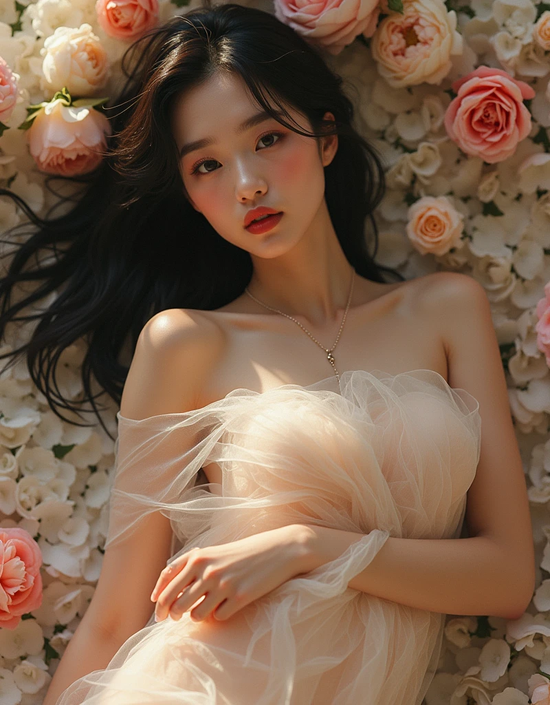 Portrait of a young woman in Japan、One Girl、18-year-old、alone、(The whole body is projected)、(She wraps her naked body in see-through organza:1.2)、(Shooting from above:1.2)、(Lie down)、(Sensual World)、Beautiful and sexy、Embarrassed face、Ecstatic expression、Beautiful Face、(Photorealistic)、Detailed facial depiction、Long eyelashes, Shortcuts、Black Hair、(Small breasts:1.2)、Moisturized Skin、jewelry、Countless flowers and feathers、Amazing panoramic views、Romantic atmosphere、(Soft Focus)、(Bokeh:1.2)、(Fractal Art)、(Alphonse Mucha Style)、(Highest quality, masterpiece, High resolution)、8k、wallpaper、