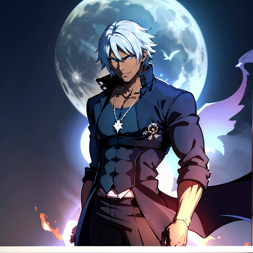 (16k ultra-fine CG wallpaper, masterpiece, excellent picture) A Dark skinned young anime man, side swept silver hair, fiery light blue eyes, producing blue fire out of his fist, wearing a blue combat trench coat over a black tank top with black slacks and a chain on the hip, steel necklace with a blue dragon pendant around his neck, with sleeves rolled up to his elbows and a cocky smile, standing on a rooftop in front of  a large moon with a blue dragon flying in the sky behind him.