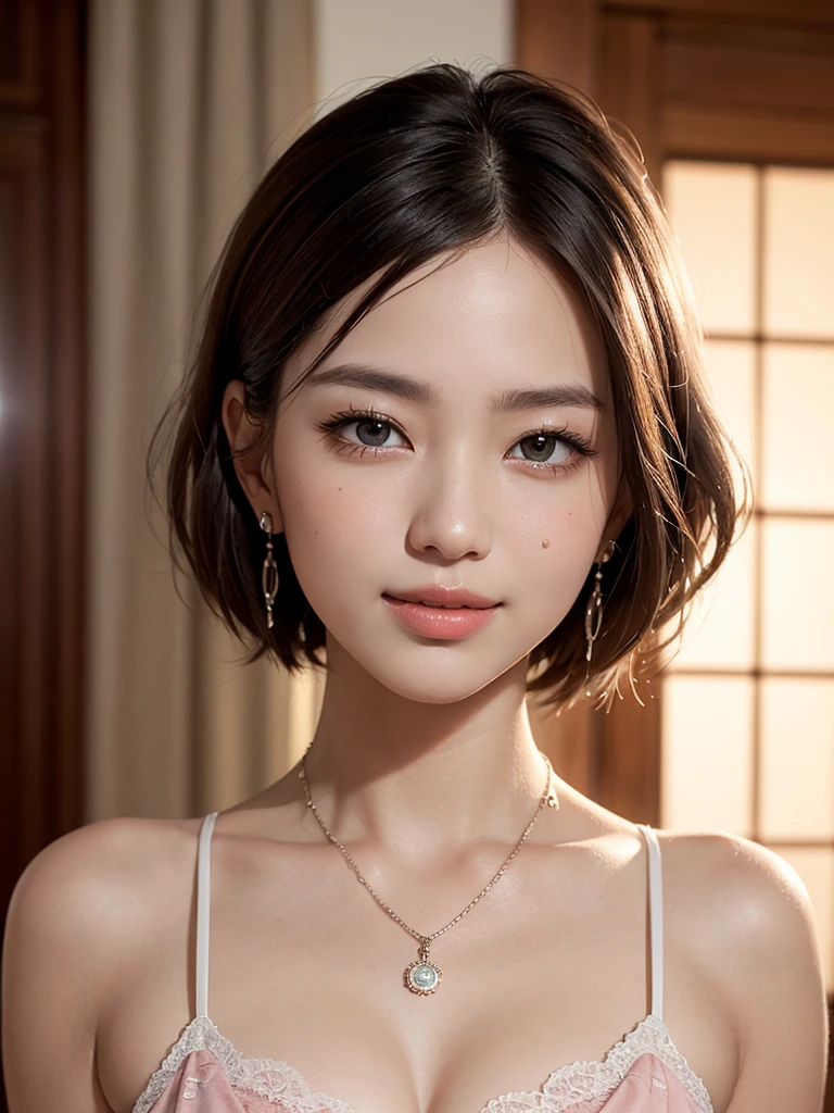 /* For creating high quality realistic portraits */
((High resolution 16K), (Ultra-detailed skin、lips、eye), (Perfect Anatomy), (Extremely detailed CG), (Cinematic lighting), (Dynamic Lighting))

/* Character traits */
(Beautiful Asian Girl:1.3), (18-year-old), (A kind smile), (Short Hairstyles), (The light hits the face)

/* Costumes and accessories */
(White and pink shades), (Elegant necklace and earrings), (Lace-up、Frills)

/* Background Settings */
(Shining Night Sky), (Luxury hotel bed atmosphere)