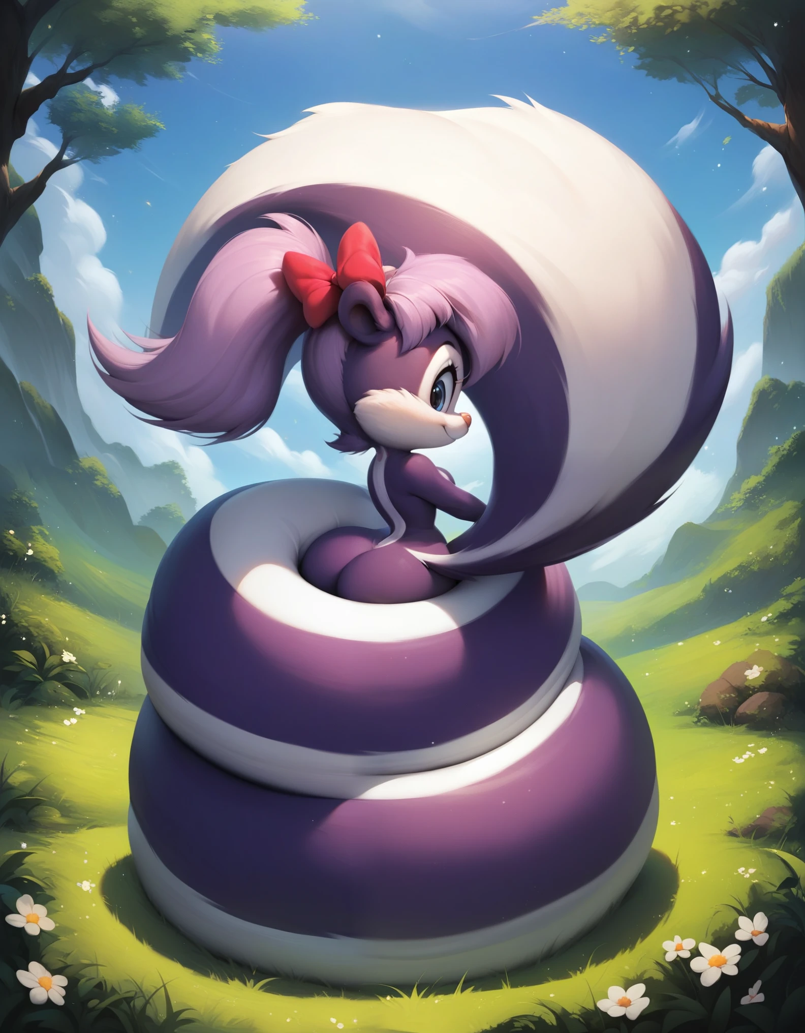 score_9, score_8_up, score_7_up, score_6_up, source_furry, score_safe, fifi, skunk, solo, 1girl, female, sfw, furry, back, ((Wide hips)), tail coiling, purple body, hair bow, tail, cute, short, beautiful eyes, cartoony, flat color, simple shading, full-length portrait, studio ghibli background, blurred backgroun,