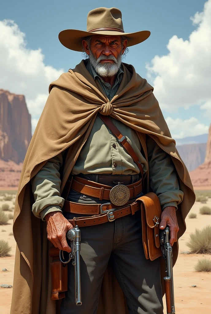 Old West White Man, with advanced age, side bag, hat, two pistols and a front poncho