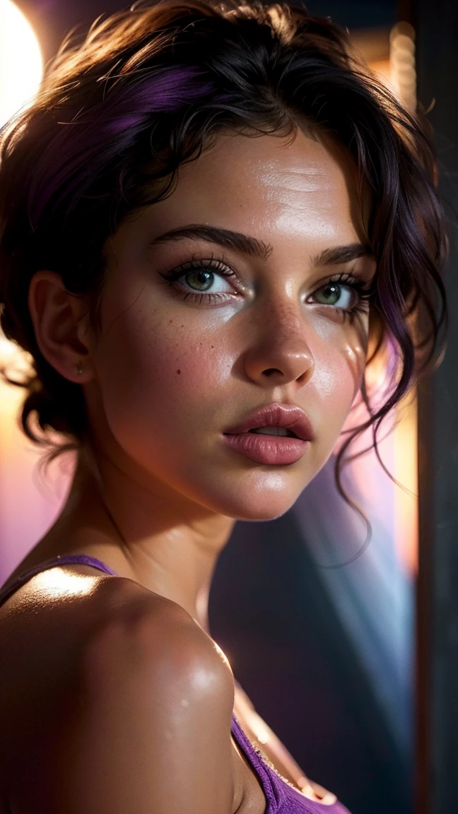 (((ultra realistic))) Photo, masterpiece, top quality, African woman, (dark skin), (Ultra detailed face and eyes:1.3), 1 girl, Adult, in a T-shirt, (Eye makeup, mascara) , ((large detailed lips)), ((purple волнистые волосы)), ((Chyolka)) , (Natural breasts), Slim waist. ((Posing)), photoshoot, studio (soft lighting), (The play of light and shadows), depth of field, bokeh, (special attention to skin detail: 1.2), Detailed leather texture, skin pores. (Warm atmosphere of the frame. Color range - black, purple, Pink, blue tones), UDR, ((Film grain)), ((rays)), ((glare of the sun)), ((waist up portrait, close to the camera)) , ultra detialed,