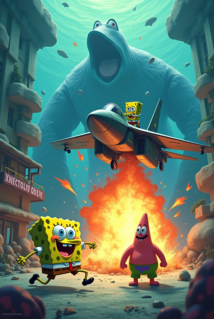 spongebob with an explosion and squidward with an army jet and patrick taking over the world and pokemon kyogre
