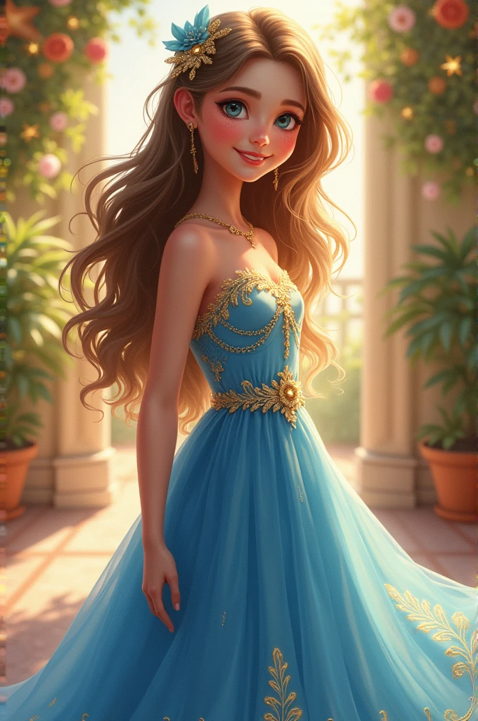 Girl with blue dress with gold for her 15th birthday