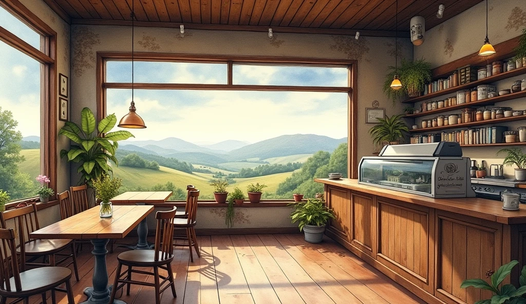 Inside of an old coffee shop、landscape、There is no one、coffee beans、JAZZ、Retro、Handwritten style、watercolor