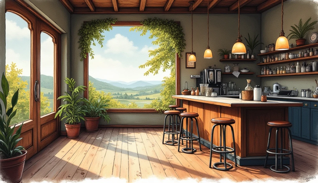 Inside of an old coffee shop、landscape、There is no one、coffee beans、JAZZ、Retro、Handwritten style、watercolor