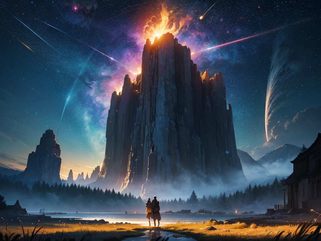 Amazing, 8K, ethereal thunder temple, Raw Photo, Amazing, Top Quality, Photorealistic and Highly Detailed, CG, High Quality, Highly Detailed, Particle Effects, Dynamic Effects, cinematic lights, flares, raytracing, realistic, ultra HD, fantasy, the wind, the beauty and brilliance of dramatic tall mountains and rich dense forests, the serenity and beauty of the world's grasslands and vast lands, Lakeside, wonderful scenery, beautiful natural scenery, night, starry sky, constellation, nebula, faint moon, space, gorgeous, view, water, constellation, wonder, fantastic, meteor, magic, best illumination, best shadow,impasto