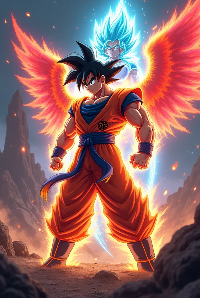 Goku with colorful aura with wings of fire with red flames Vegeta behind with a water knife