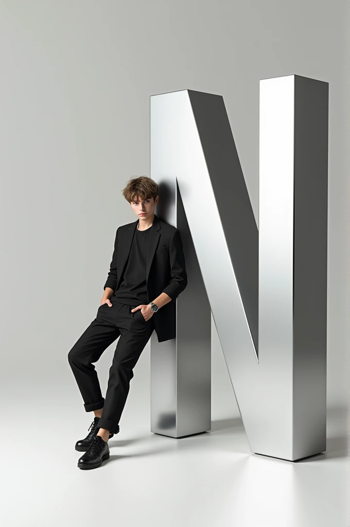 Create an image featuring a large, glossy, "M" 3D letter in the foreground with a boy leaning casually against it. The person should be dressed in stylish, monochromatic clothing and have a confident pose. The background should ha a dark gradient to been the focus on the