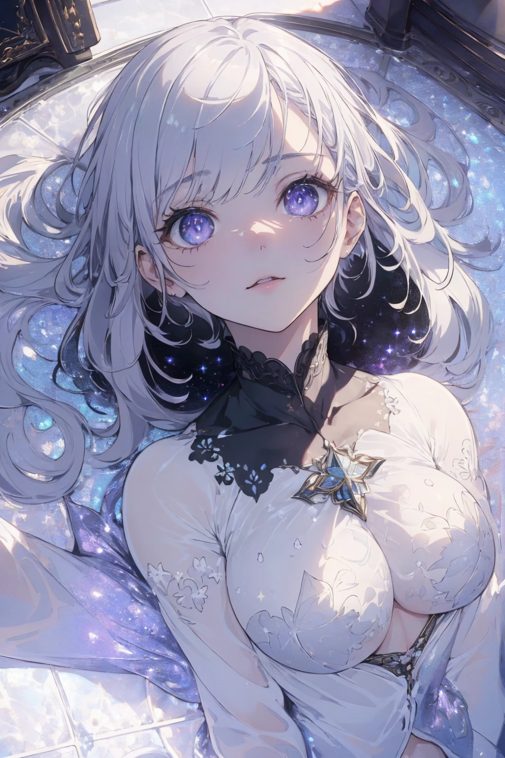 (boob photo:1.1, in white waterfront:1.5), Masterpiece, best quality, (very detailed CG unity 8k wallpaper), (best quality), High definition RAW color art, Animation,sculptures, (black Marble Skin), (((Ultra detailed elegant))), Magical atmosphere, Detailed skin, Texture,(Intricately detailed, Fine detail, ultra-detail art), depth of fields, bokeh, Silky Touch, Hyper Detail, beautiful eyes, Elegant Face, (lying on white glass floor), sparkle background, enormous breast:1.3, (silver hair), pastel purple, embarrassing face, short hair, powder