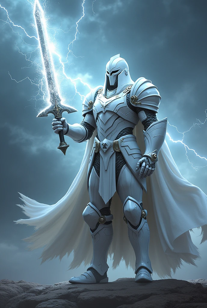 War general white armour with electrolyte sword with sparkling electric with thunder background
