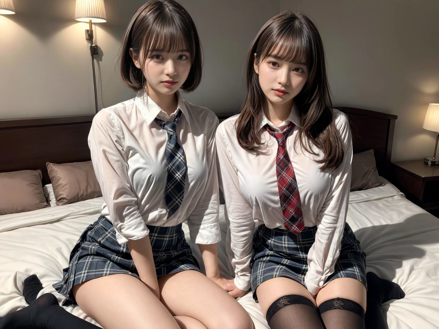 masterpiece, best quality, illustration, Super detailed, fine details, High resolution, 8K,wall paper, perfect dynamic composition,(Details High quality, realistic depiction of eyes:1.3), (3 girls), (white school shirt :1.2), (plaid skirt :1.3), tie black, black thigh-high stockings, sitting, open legs, short bob hair, in a hotel room in the background, deep on field, large breasts, black hair color, Big Natural Color Lip, (perfect body shape), crying a little、Harajuku style、20 year old girl、cute type、beautiful legs, Gravure Idol