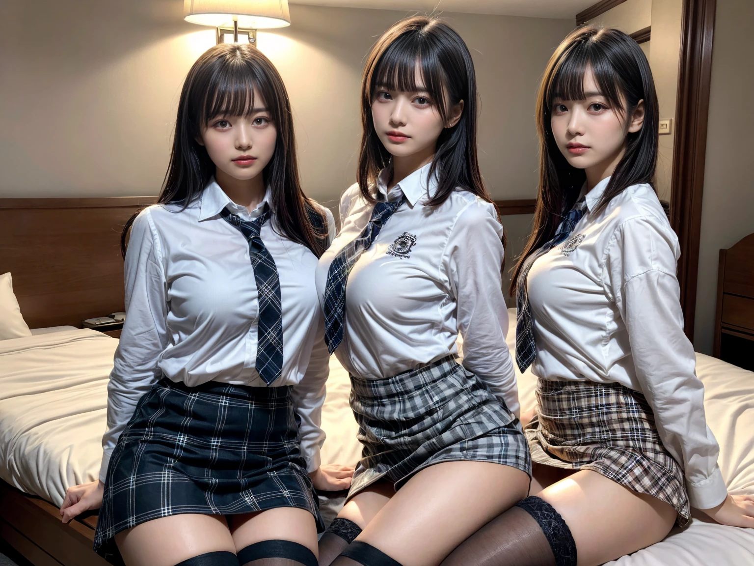 masterpiece, best quality, illustration, Super detailed, fine details, High resolution, 8K,wall paper, perfect dynamic composition,(Details High quality, realistic depiction of eyes:1.3), (3 girls), (white school shirt :1.2), (plaid skirt :1.3), tie black, black thigh-high stockings, sitting, open legs, short bob hair, in a hotel room in the background, deep on field, large breasts, black hair color, Big Natural Color Lip, (perfect body shape), crying a little、Harajuku style、20 year old girl、cute type、beautiful legs, Gravure Idol
