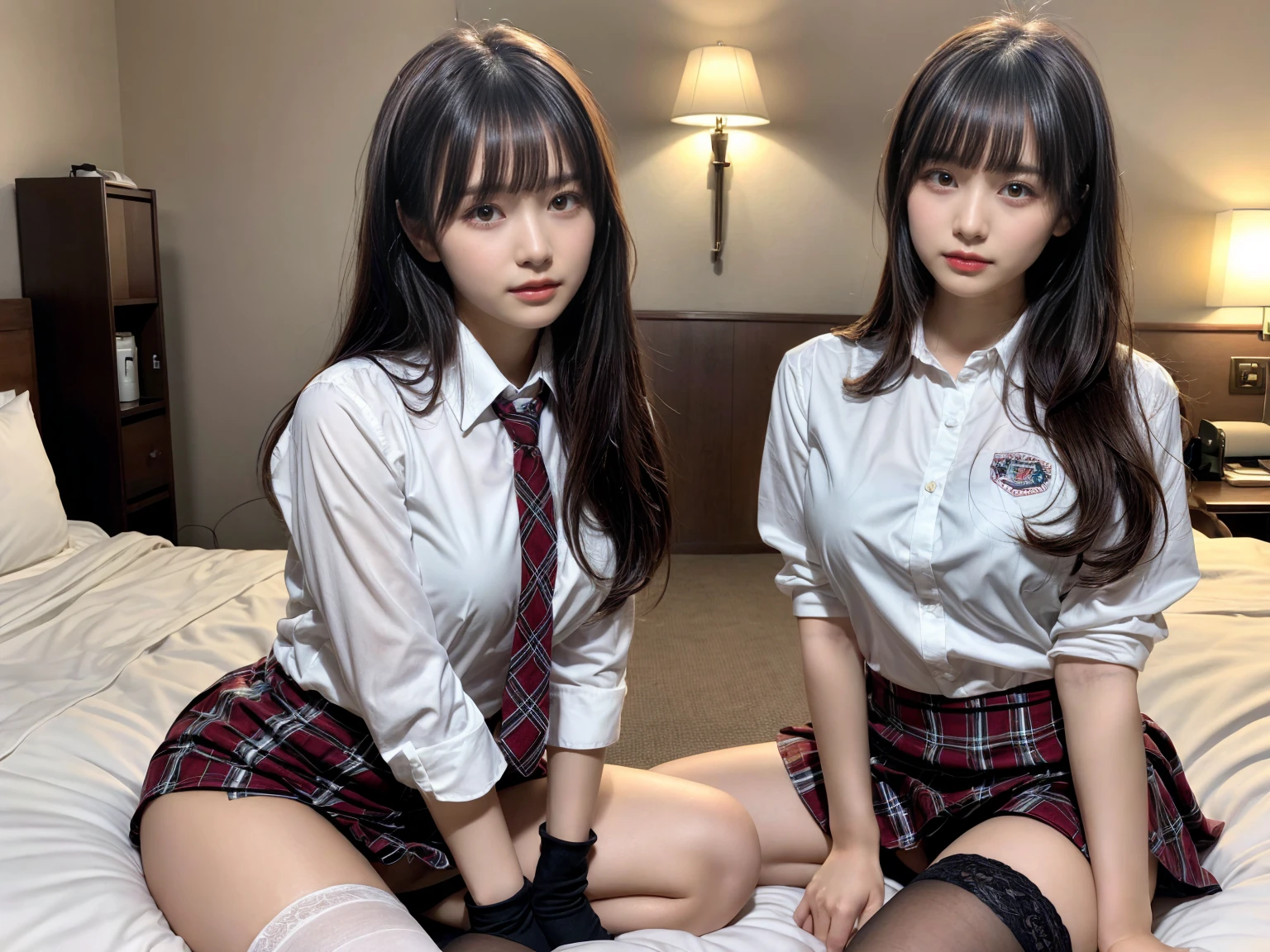 masterpiece, best quality, illustration, Super detailed, fine details, High resolution, 8K,wall paper, perfect dynamic composition,(Details High quality, realistic depiction of eyes:1.3), (3 girls), (white school shirt :1.2), (plaid skirt :1.3), tie black, black thigh-high stockings, sitting, open legs, short bob hair, in a hotel room in the background, deep on field, large breasts, black hair color, Big Natural Color Lip, (perfect body shape), crying a little、Harajuku style、20 year old girl、cute type、beautiful legs, Gravure Idol