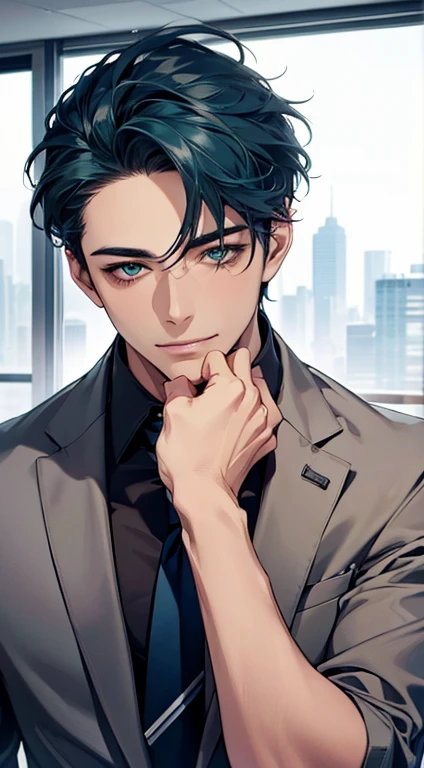 (Highest quality,4K,8K,High resolution,masterpiece:1.2),Super detailed,(Realistic,photoRealistic,photo-Realistic:1.37),1 person,34 years old,Mature Men,Beautiful skin、very handsome,Expressionless smile in love,Short blue hair,green eyes,Sharp Eyes,A perfect face without a doubt,Businessman, CEO, Office Background,Cinema Lighting,HDR image,tie、
