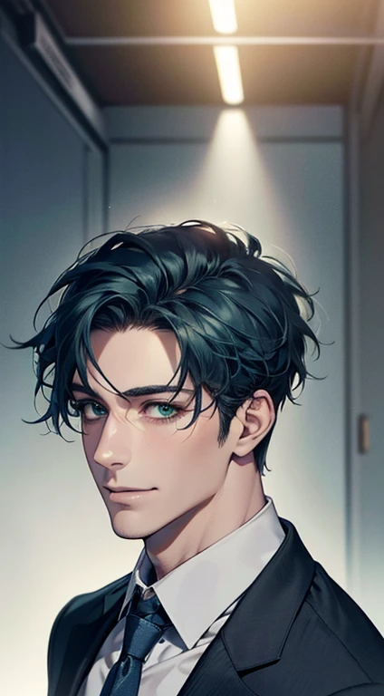 (Highest quality,4K,8K,High resolution,masterpiece:1.2),Super detailed,(Realistic,photoRealistic,photo-Realistic:1.37),1 person,34 years old,Mature Men,Beautiful skin、very handsome,Expressionless smile in love,Short blue hair,green eyes,Sharp Eyes,A perfect face without a doubt,Businessman, CEO, Office Background,Cinema Lighting,HDR image,tie、