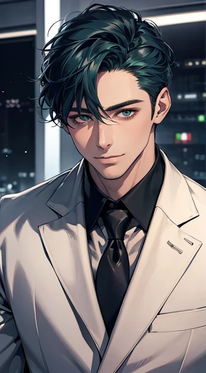 (Highest quality,4K,8K,High resolution,masterpiece:1.2),Super detailed,(Realistic,photoRealistic,photo-Realistic:1.37),1 person,34 years old,Mature Men,Beautiful skin、very handsome,Expressionless smile in love,Short blue hair,green eyes,Sharp Eyes,A perfect face without a doubt,Businessman, CEO, Office Background,Cinema Lighting,HDR image,tie、