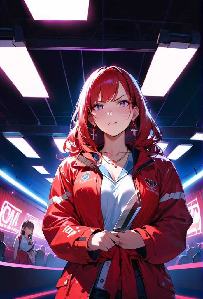 masterpiece, Highest quality, (((Valley Battlefield)))、(((Angry Face)))、Raising awareness, Large knife, プラチナEarrings, Platinum Necklace, Red combat suit,Carrying a weapon, Three Girls, cute, (Dynamic Lighting:1.2), Cinema Lighting, Delicate facial features, Detailed eyes, Sharp pupils, Realistic student, Written boundary depth, ボケ Written boundary depth, Sharp focus, (Very detailed, bloom, Shine:1.4), Lots of little gems, (((long_hair))), Twin tails、Earrings、分けた前hair、銀hair、whole body、Ultra close-up footage、The top is transparent up to the chest.、See-through design。The bottoms are a very short navy blue pleated skirt.、Fits snugly around the waist。The background is simple white.、this、The text is easier to see.。The light source is a soft light from the front....、The overall atmosphere is bright and clean....。