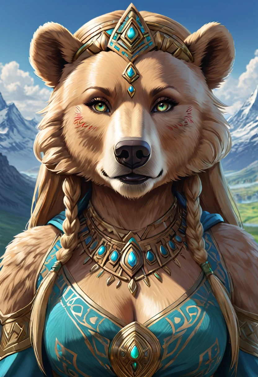 Anthropomorphic feminine bear enchantress. Official Art – An Award-Winning Digital Masterpiece In 4K Ultra HD, Extreme Detail And Intricate Realism. Symmetrical Face. This Concept Art Brought To Life By The Hands Of Artists Like Wlop & Artgerm In A Stunning 2D Vector Illustration. Breath of the wild. Background Is A Panoramic Vista.
