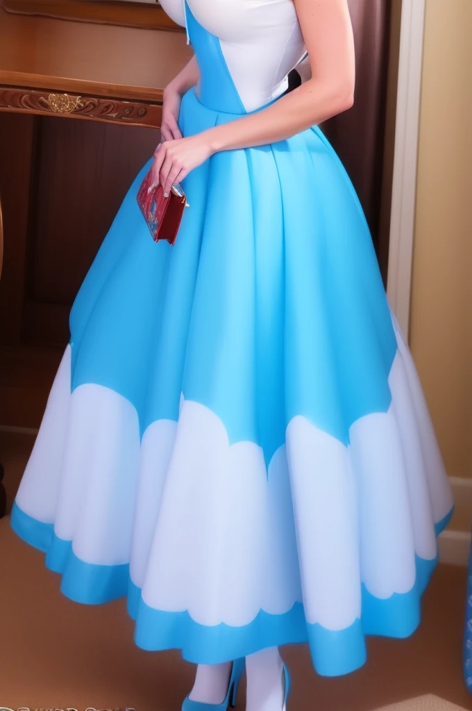 ((1 girl)), Masterpiece, (high quality, best render), (beautiful girl, belle), (bomb, pin-up style), hot, floss, perfect body, 4k hd, disney princess, beautiful female princess, anime princess, hd artwork, official art, disney cartoon, beautiful princess, long thin legs, white pantyhose, large breasts, sexy pose, beautiful princess, a cartoon of a woman in a blue dress with a white apron, belle, beautiful character painting, disney character, disney artist, disney art style, disney art, official art