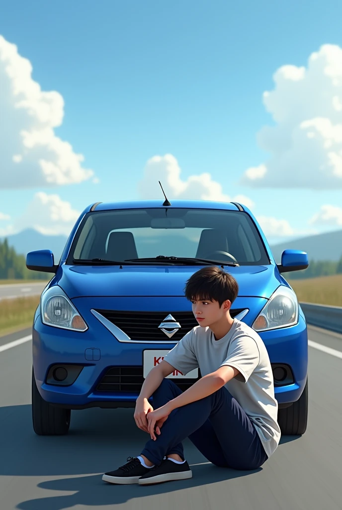 A young  25 year boy  park him Mitsubishi  nisan  blue colur car in highways and he sit front of car  and car number plate have name the name is  "KISAN"
