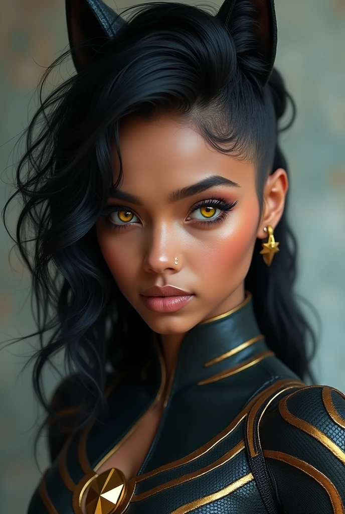 A not so dark Indian skinned girl, black hair in wolfcut, yellow eyes in marvel style suit or semi-marvel