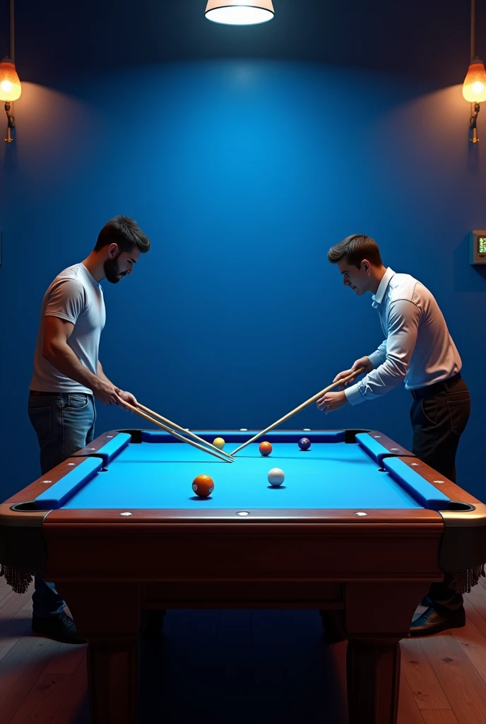 realistic billiards, blue table cloth, Blue background, sport bar, sports, drinks l