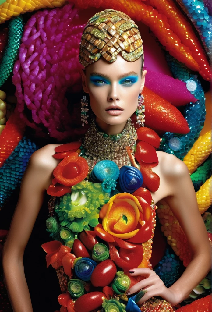a handsome female, Costume made of vegetable peel, Haute Couture Fashion Photography,In the style of Tom Ford、 Colorful, Eye-catching anaglyph composition, Bright palette, A play of light and shadow, The aesthetics of the vegetable-oriented skin, Olivia Gibbs Haute Couture, full length, shining crystals, Sparkling sunshine, Hairsh, Decorated with crystal beads, placed in loose braids,, Haute couture is a complex dress made of organic materials, Shiny Diamond Necklace, Chain earrings with collar, Long Ending, Bright, livestream, Colored;, Fashion magazine style, In the style of Chanel, the golden ratio、Masterpiece、top-quality
