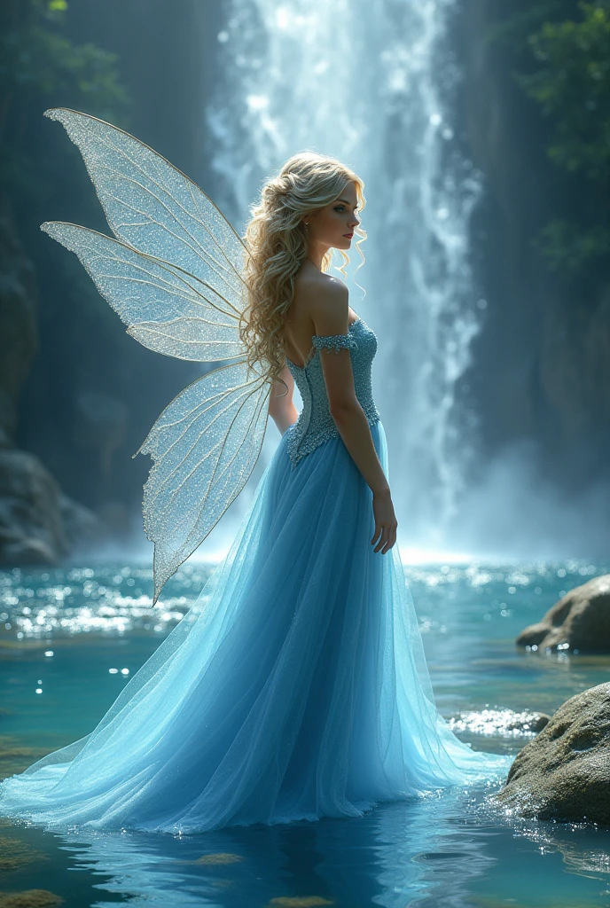 Taylor Swift as a Water fairy with curly blonde hair and wearing a elegant blue dress and has sparkly wings. She is surrounded by water and a waterfall 