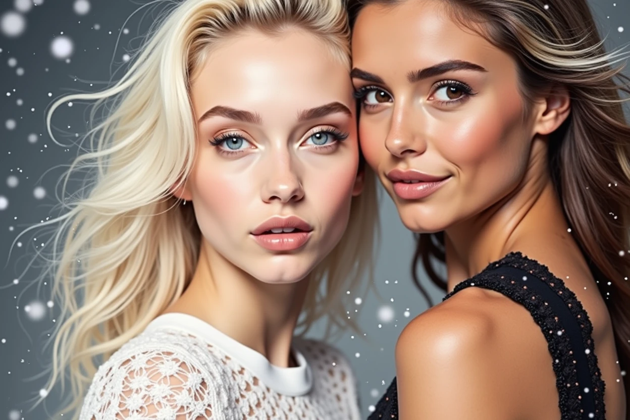 (masterpiece, highest quality, beauty and aesthetic), photograph, perfect anatomy, two gorgeous and stunning dark-skinned or pale-skinned young girls are deeply in love with each other, kiss, perfect make-up, romantic atmosphere, snow and moon, magnificent panorama view