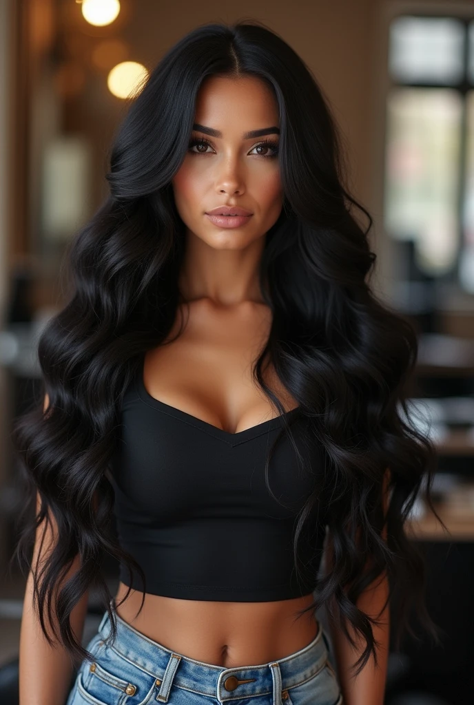 woman, long wavy black hair, hairstylist type, in a barbershop, medium bust, wide hips, looking at the camera, photorealistic