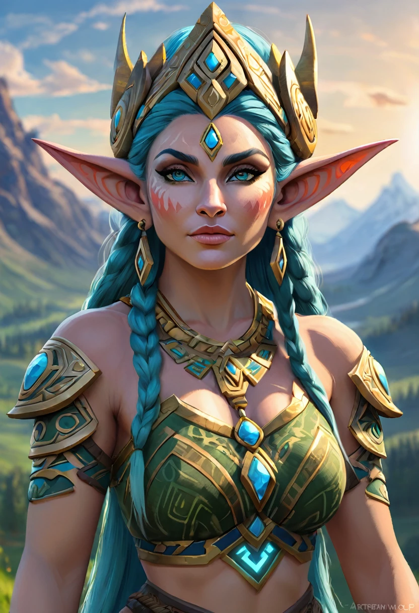 Anthropomorphic  feminine troll enchantress. Official Art – An Award-Winning Digital Masterpiece In 4K Ultra HD, Extreme Detail And Intricate Realism. Symmetrical Face. This Concept Art Brought To Life By The Hands Of Artists Like Wlop & Artgerm In A Stunning 2D Vector Illustration. Breath of the wild. Background Is A Panoramic Vista.
