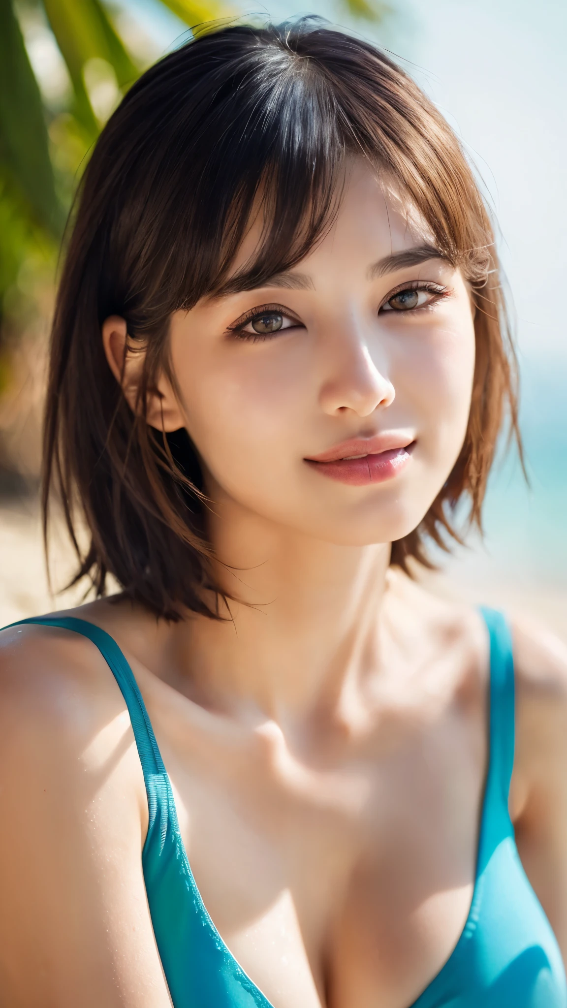 (masterpiece:1.3), (16k, photorealistic, RAW photo, best quality: 1.4),absurdres, attractive, ultra high resolution, ultra realistic, highly detailed, golden ratio, ultra detailed, super fucking beautiful detailed face, natural makeup, detailed cloth texture, detailed hair texture, beautiful detailed fullbody, Perfect female body, accurate, Anatomically correct, Highly detailed face and skin texture, (beautiful hands), (realistic skin), (beautiful pale skin:1.1), (well-aligned teeth:1.1), (beautiful large breasts, cleavage, upper breasts:1.3), (Perfect dynamic composition, looking at viewer), (Random and sexy poses:1.3),
BREAK,
realistic eyes, beautiful detailed eyes, symmetric eyes, Light Brown eyes, Double eyelids, Thin eyebrows, (Glossy lips:1.4), ((A face with waiting for a kiss:1.2)), (blush:1.1), (A sparkling small hair accessory:1.1), (beautiful smile:1.1), (sweat skin,blush:1.2),
BREAK,
((short hair, bob, Dark blonde hair, bangs:1.2)), (Beach, random sexy swimsuits:1.3)