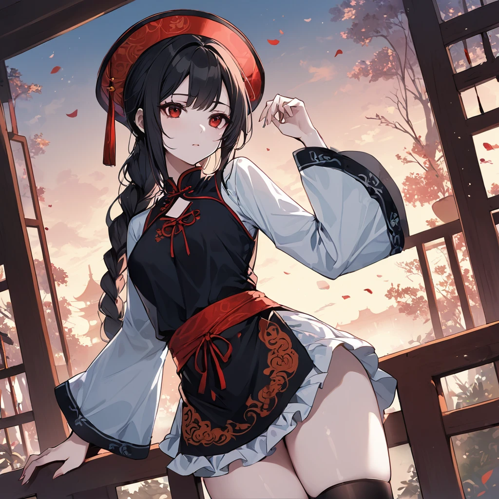 BREAK Perfect Anatomy、(High resolution:1.2)、Incredible illustrations、(Cute illustrations:1.2)、(nsfw) （Beautiful background(forest)) 1 girl( hair, long hair, single braid, red eyes,tattoos, )(young adult woman:2.0) (Very baggy China Hat, long ruffled sleeves, jiangshi cheongsam, two-tone apron, garter stockings) (black hair, long hair, single braid) (white skin:1.3, expressionless)