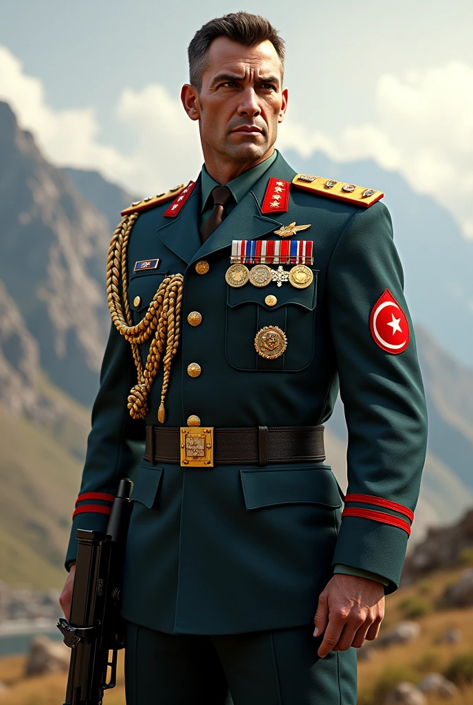 Um homem de 50 anos, careca, sem barba, standingn, with a determined and confident expression. He is dressed in a full military uniform. The bottom is a snowy field. A imagem deve ser fotorealista, with high definition and contrast. Photo of the entire body wearing a military uniform of a black German general
