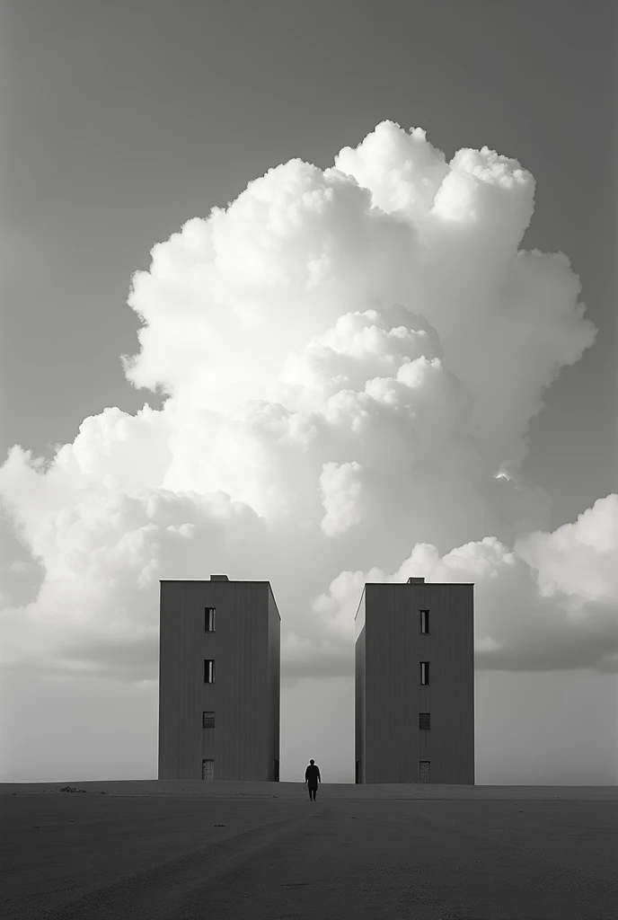 a minimalist photo of'a solitary cumulus nimbus between two tall solitary buildings near the ground, fond monochrome, highlighting its beauty and simplicity, giant cloud, Liminal,