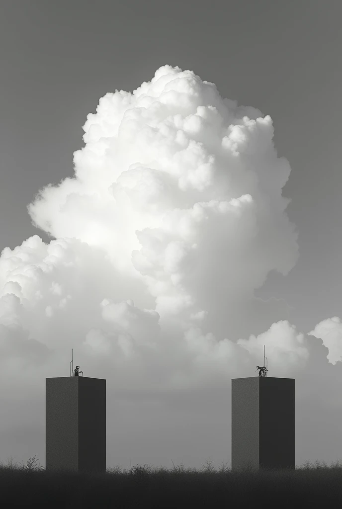 a minimalist photo of'a solitary cumulus nimbus between two tall solitary buildings near the ground, fond monochrome, highlighting its beauty and simplicity, giant cloud, Liminal,