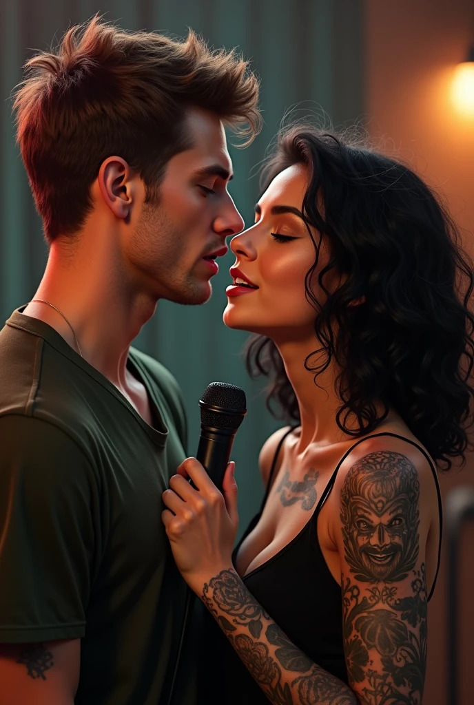 Create an image of a young man with mature brown hair. 30 years old. With a 35 year old woman with medium black curly hair . They both have tattoos on their arms. They are singing with a microphone .looking into each other's eyes. Realistic image . They are both tattooed