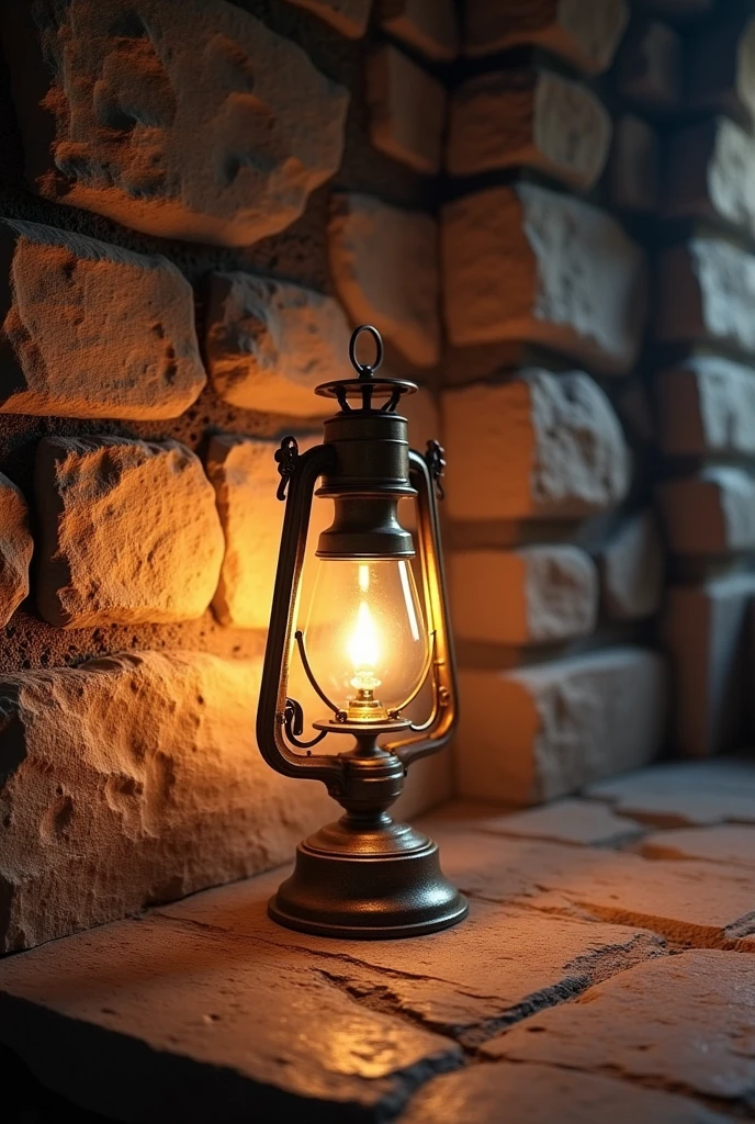 Antique lamp lit in stone room