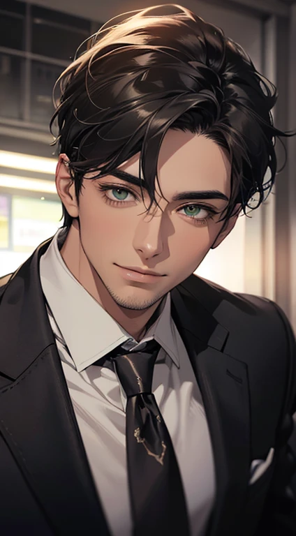 (Highest quality,4K,8K,High resolution,masterpiece:1.2),Super detailed,(Realistic,photoRealistic,photo-Realistic:1.37),1 person,34 years old,Mature Men,Beautiful skin、very handsome,Expressionless smile in love,Short gray black hair,green eyes,Sharp Eyes,A perfect face without a doubt,Businessman, CEO, Office Background,Cinema Lighting,HDR image,tie、