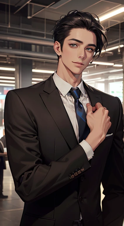 (Highest quality,4K,8K,High resolution,masterpiece:1.2),Super detailed,(Realistic,photoRealistic,photo-Realistic:1.37),1 person,34 years old,Mature Men,Beautiful skin、very handsome,Expressionless smile in love,Short gray black hair,green eyes,Sharp Eyes,A perfect face without a doubt,Businessman, CEO, Office Background,Cinema Lighting,HDR image,tie、