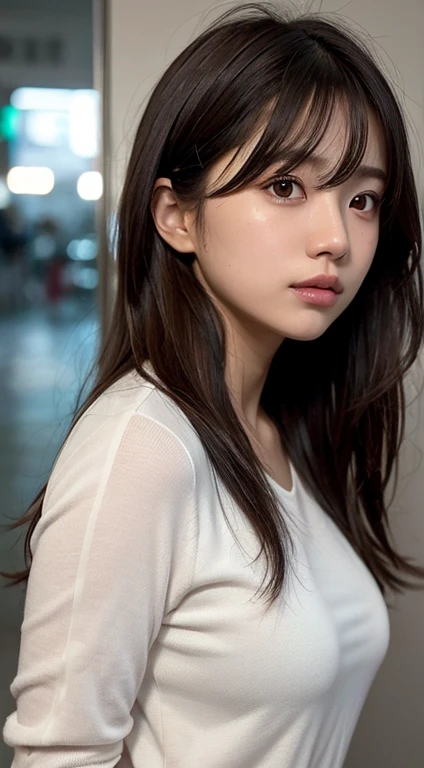Glossy skin, cinematic style, messy hair, light tracking effect, very natural hair, detailed depiction of the girl's face, realistic light and shadow effect, large eyes, very realistic face, perfect makeup, wearing a white short sleeve shirt, 8K ultra high resolution, realistic depiction, double eyelids, clothes with real fabric texture, graceful facial features, extremely realistic skin, chestnut ponytail, masterpiece