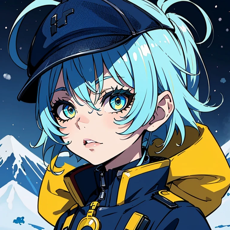 Best Quality、masutepiece、Ultra-detailed、face perfect、Extremely detailed、Extremely delicate、1 boy, (cute little), Angel, lightblue hair、half up、place々Blue Mesh、blue and yellow gradient eyes、Noble attire、Black coat、gray collared shirt、Black pants、snow mountains、snow blowing