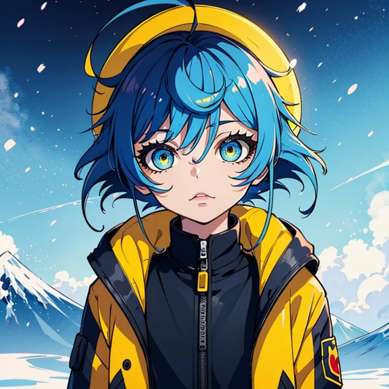 Best Quality、masutepiece、Ultra-detailed、face perfect、Extremely detailed、Extremely delicate、1 boy, (cute little), Angel, lightblue hair、half up、place々Blue Mesh、blue and yellow gradient eyes、Noble attire、Black coat、gray collared shirt、Black pants、snow mountains、snow blowing