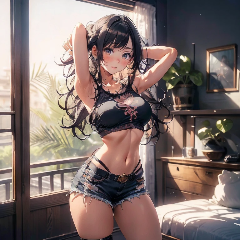 Anime Kawaii sexy Perfect Slim sensual body large breast and huge thighs, An intricate and highly detailed illustration of anime (Young girl) (Extremely detailed CG 8k unity wallpaper), (work of art), (best qualityer), (ultra detali), (best illustration), (best shade), (absurderes), 1 girl, standing alone, Chihara, 1 girl, standing alone, Bblack hair, Shorts, long hair, looking ahead at viewer, black Shorts, arms behind the head, contrasted, spread armpit, camisole, Eyes red, breastsout, aretes, short Shorts, cowboy shot