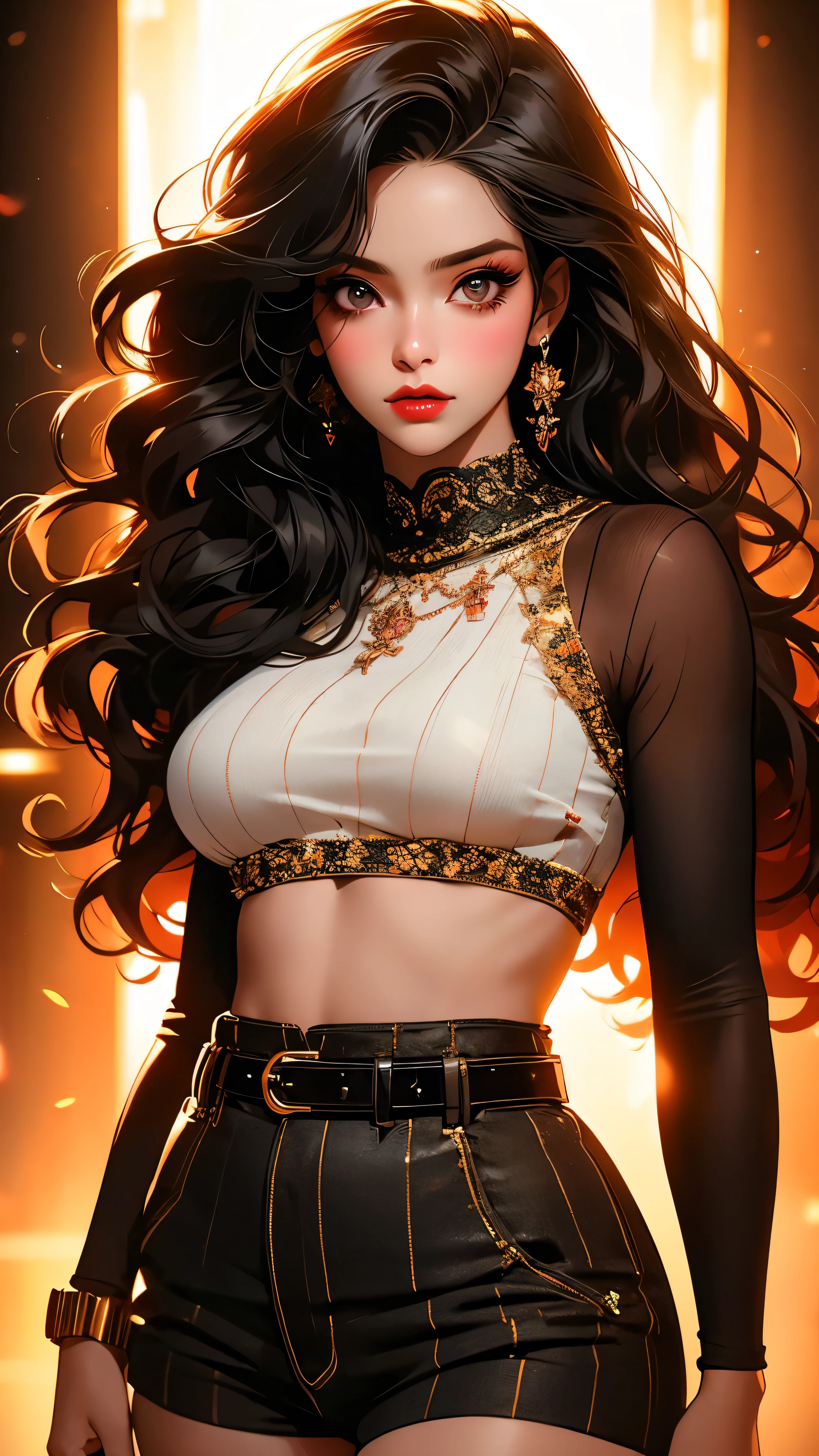 1girl, striped thigh-highs, red and white striped stockings, shorts, black crop top tucked into shorts, belt, long curly hair, beautiful detailed eyes, beautiful detailed lips, extremely detailed face, longeyelashes, medium bust, nipples covered, studio lighting, highly detailed, cinematic lighting, photorealistic, realistic skin texture, dynamic pose, intricate details, warm color palette, glowing skin, hyper detailed, vibrant colors, award winning photography, ethereal, elegant, alluring, portrait