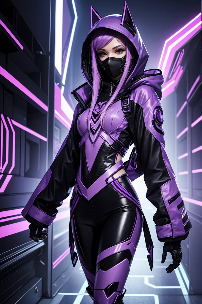 cyber punk scene with vibrant colors of purple and lilac, a cyber girl dressed in a hood and futuristic high-tech and stylish clothes with a mask. in the middle of the avenue