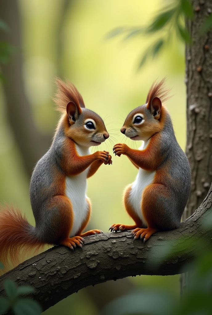 Two squirrels on a tree talking