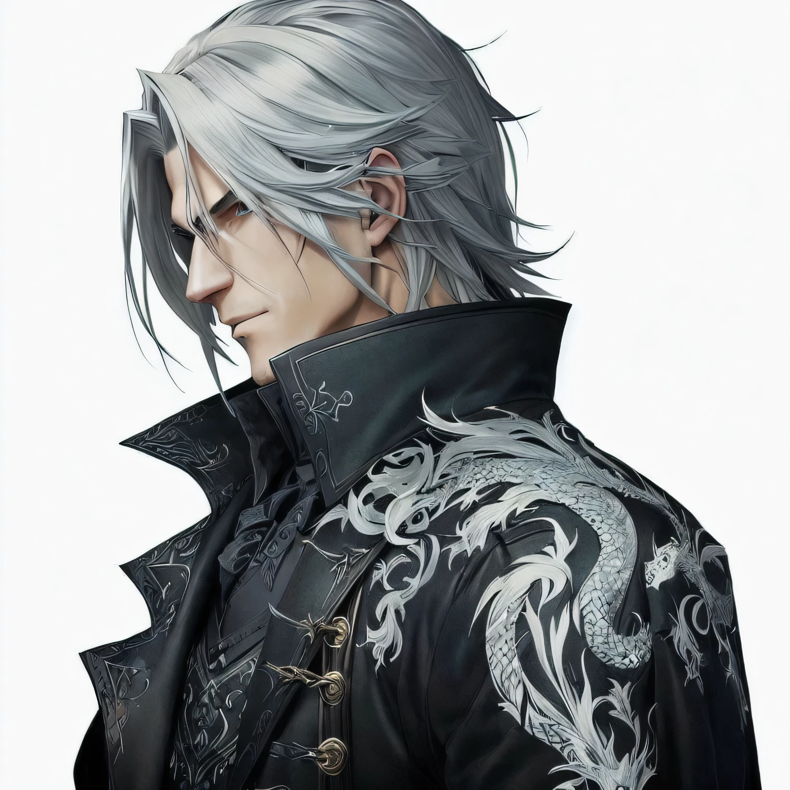 anime - style image of a man with white hair and a dragon on his jacket, thancred waters in style of wlop, portrait of thancred, thancred waters, he has dark grey hairs, shigenori soejima illustration, detailed anime character art, son of sparda, a silver haired mad, dark grey haired man, stunning character art, by Yang J